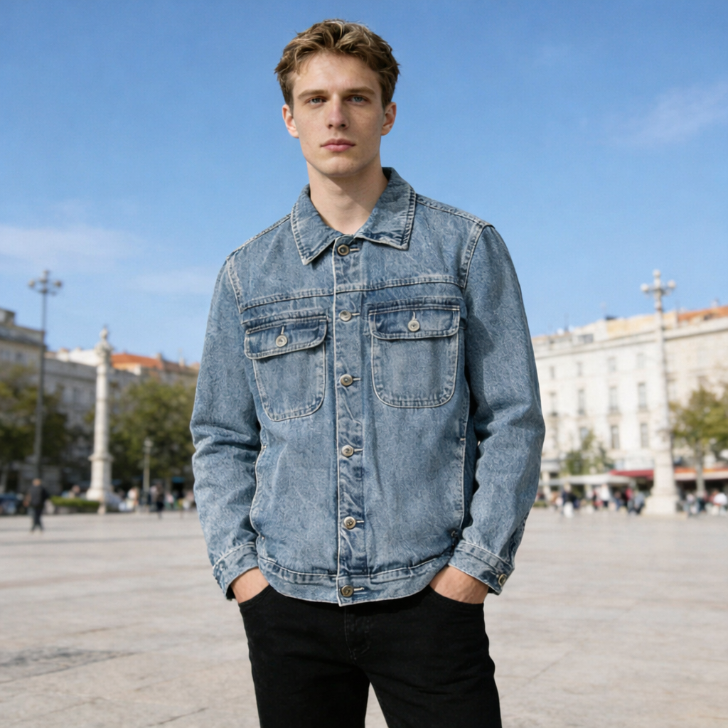 Vintage Blue Men Denim Jacket Casual Loose Fit Jean Coat