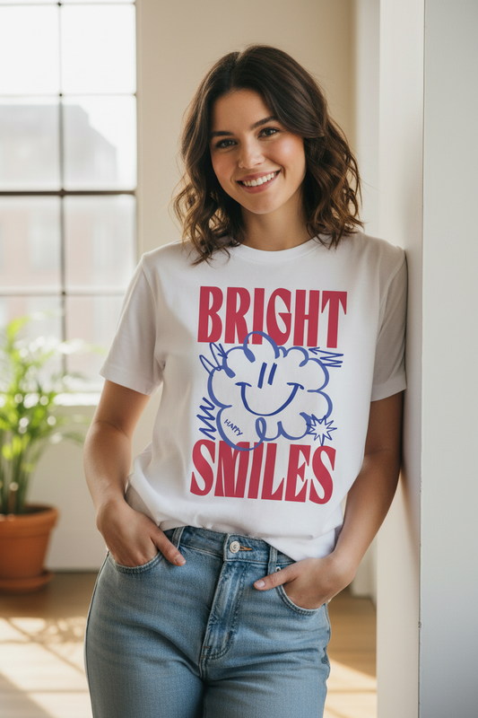 Bright Smiles T-Shirt Ad with Female Model