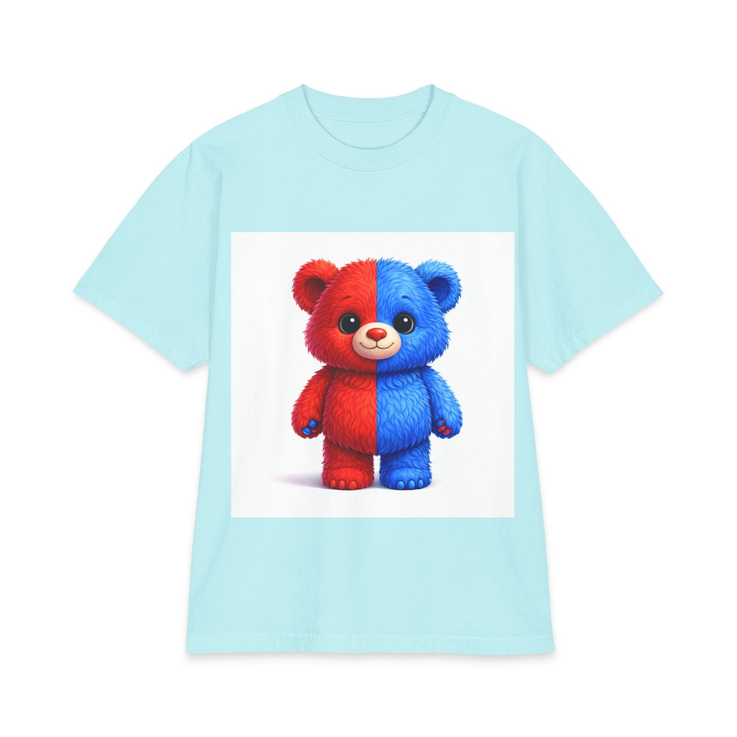 Split-Color Teddy Bear T-Shirt — Cute Red & Blue Plush Graphic Tee