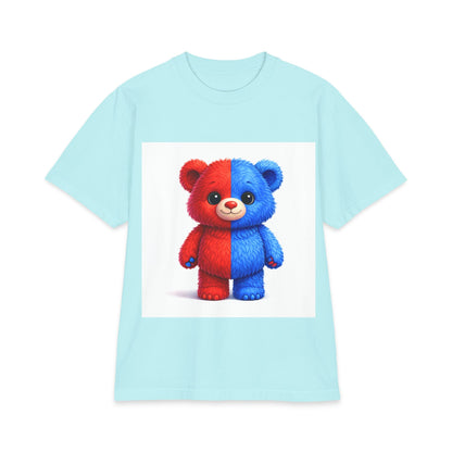 Split-Color Teddy Bear T-Shirt — Cute Red & Blue Plush Graphic Tee