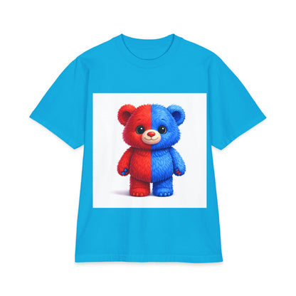 Split-Color Teddy Bear T-Shirt — Cute Red & Blue Plush Graphic Tee