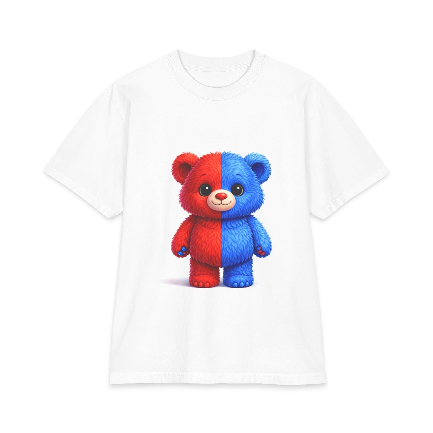 Split-Color Teddy Bear T-Shirt — Cute Red & Blue Plush Graphic Tee
