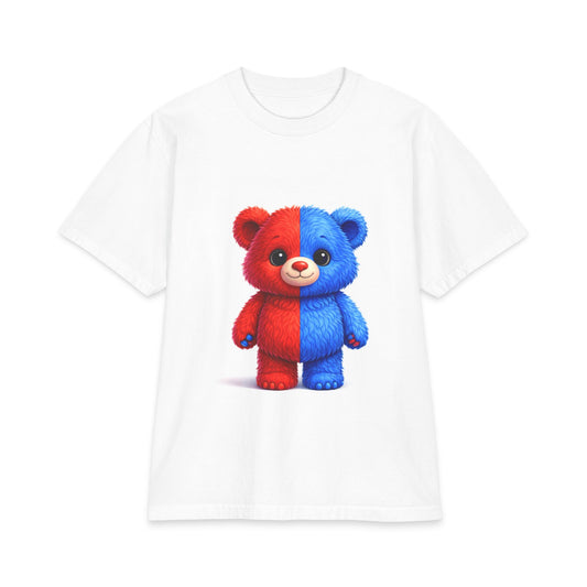 Split-Color Teddy Bear T-Shirt — Cute Red & Blue Plush Graphic Tee