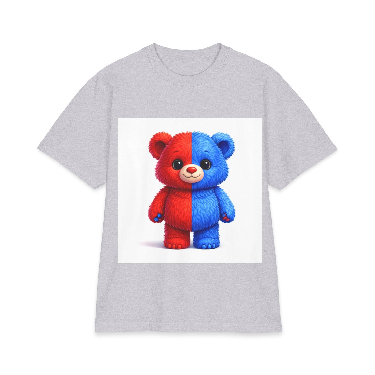 Split-Color Teddy Bear T-Shirt — Cute Red & Blue Plush Graphic Tee