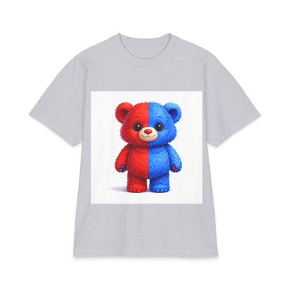 Split-Color Teddy Bear T-Shirt — Cute Red & Blue Plush Graphic Tee