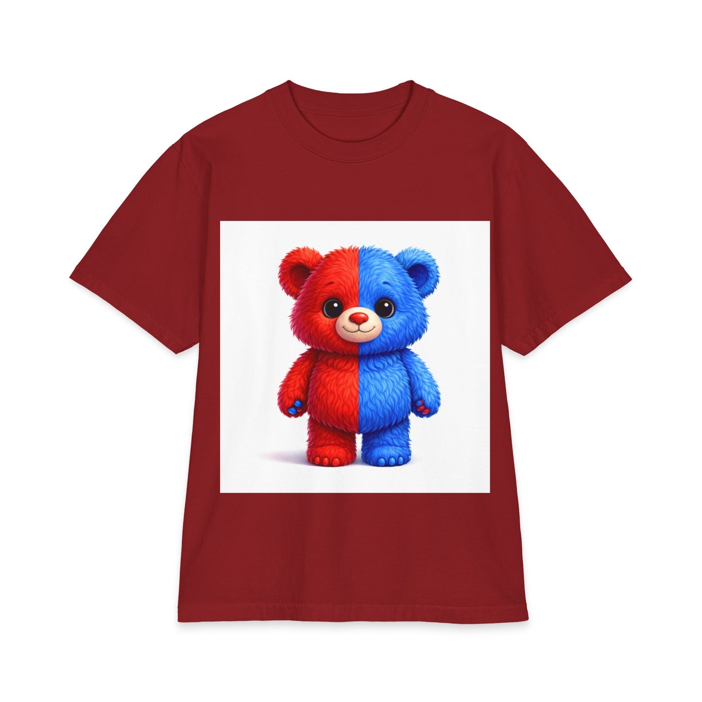 Split-Color Teddy Bear T-Shirt — Cute Red & Blue Plush Graphic Tee