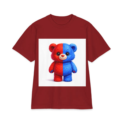 Split-Color Teddy Bear T-Shirt — Cute Red & Blue Plush Graphic Tee