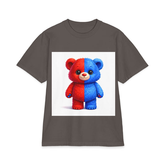 Split-Color Teddy Bear T-Shirt — Cute Red & Blue Plush Graphic Tee