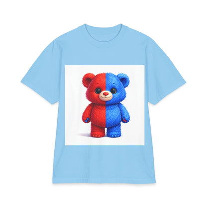 Split-Color Teddy Bear T-Shirt — Cute Red & Blue Plush Graphic Tee