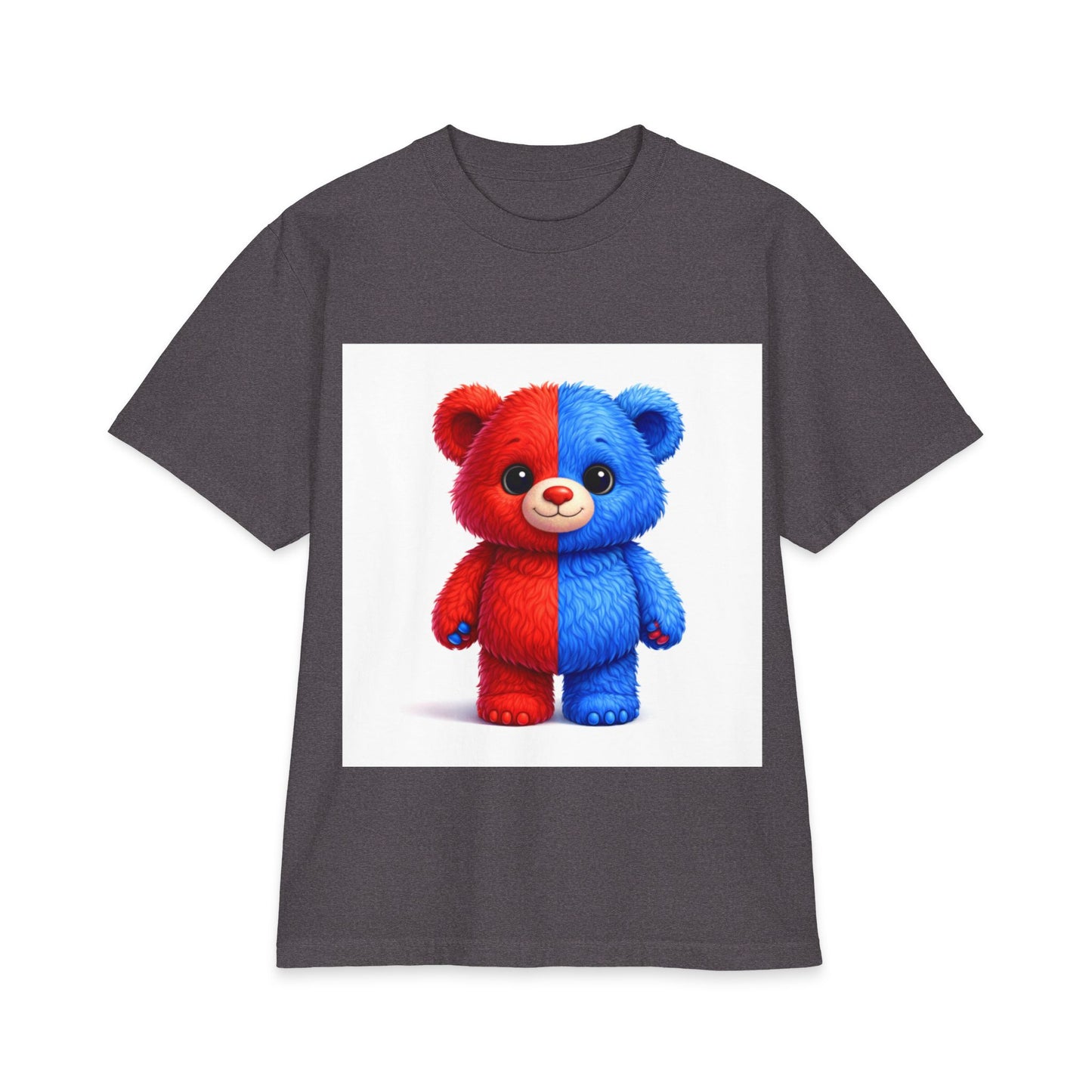 Split-Color Teddy Bear T-Shirt — Cute Red & Blue Plush Graphic Tee