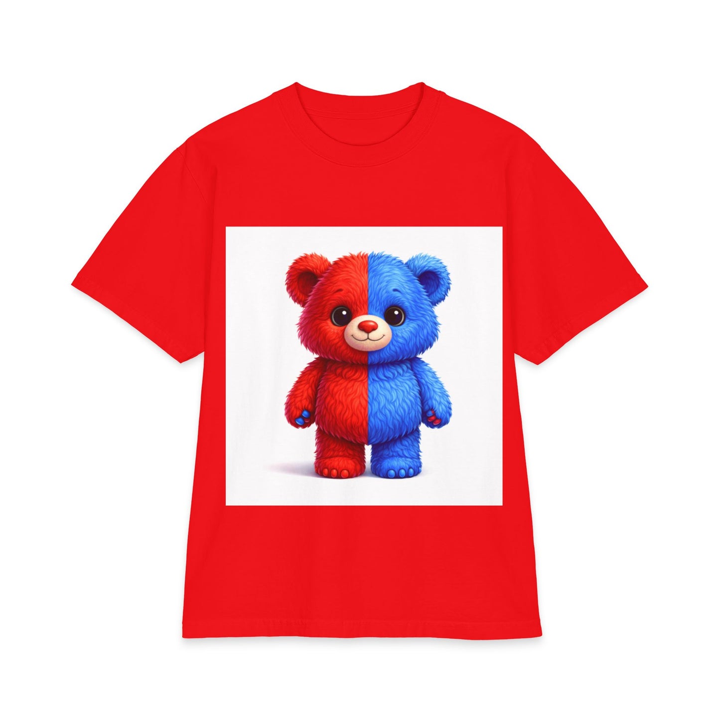 Split-Color Teddy Bear T-Shirt — Cute Red & Blue Plush Graphic Tee