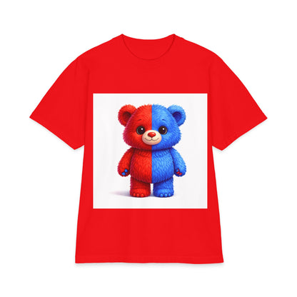 Split-Color Teddy Bear T-Shirt — Cute Red & Blue Plush Graphic Tee