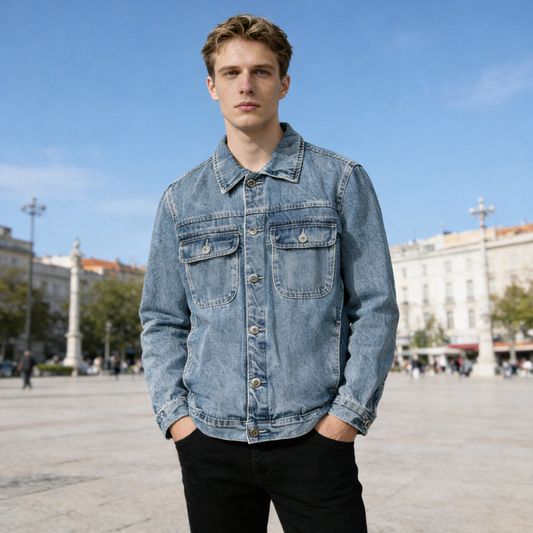 Vintage Blue Men Denim Jacket Casual Loose Fit Jean Coat