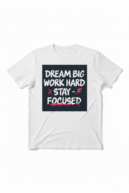 Flat lay white t-shirt with dark print