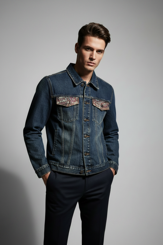 Yadav Clothing Acid Wash Paisley Denim Jacket No Text